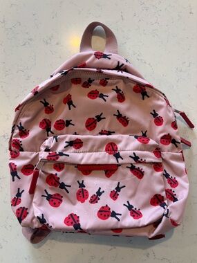 Stella McCartney Kids Pink Ladybug Print Backpack red buckles leather pulls